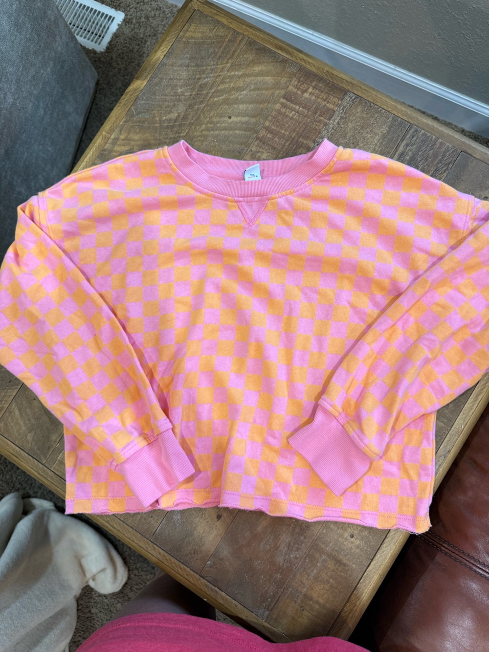 Old Navy Pink & Orange Checkerboard Kids Sweatshirt